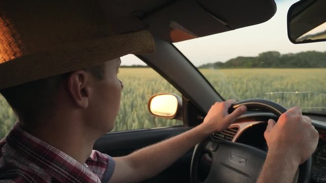 Farmer drive through the field on the car. A young man examines wheat fields