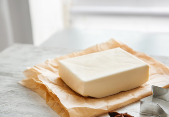 Butter on kitchen table. Bakery workshop