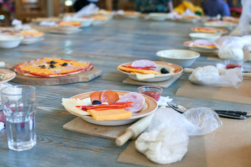 cooking class, culinary. Food and people concept, desktop getting ready for work, ingredients for...