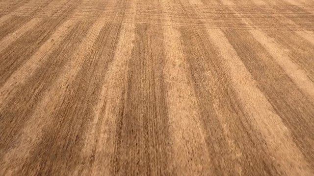 Top Aerial view of furrows row pattern in a plowed field prepared for planting crops in spring