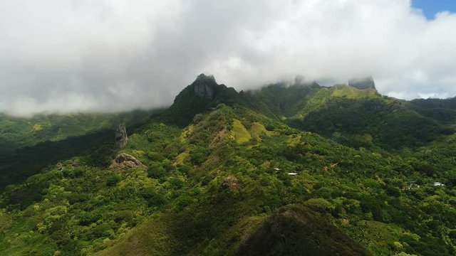 Aerial panoramic view of inland of Ua Pou island - South Pacific Ocean, Marquesas Islands, landscape panorama of French Polynesia from above
