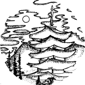 recommend clip art: Black and white illustration, inscribed in a circle. Clouds, sun, Chinese pagoda.