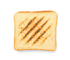 Tasty toasted bread on white background, top view