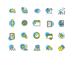 Time management icon set. Thin line flat design. Icons for management, business, strategy, planning, analytics, communication, social network.