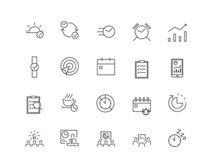 Time management icon set. Thin line flat design. Icons for management, business, strategy, planning, analytics, communication, social network.