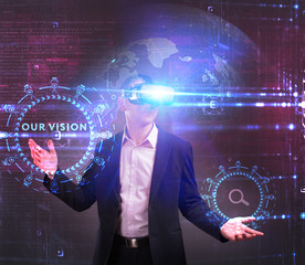 Business, Technology, Internet and network concept. Young businessman working in virtual reality glasses sees the inscription: Our vision