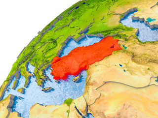 Map of Turkey in red on globe