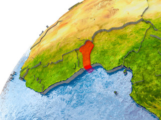 Map of Benin in red on globe