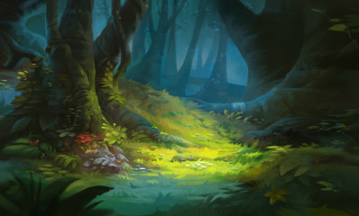 Game Art Fantasy Forest Environment. Digital CG Artwork, Concept Illustration, Realistic Cartoon Style Scene Design