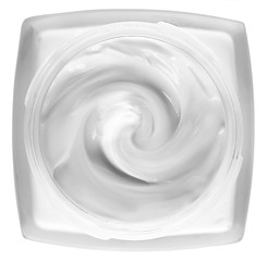 face cream in a jar on a white background. View from above.