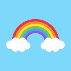 Simple colorful cute rainbow vector illustration. Rainbow with two white clouds on light blue background.