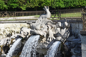 Dolphins fountain in the Royal Palace Garden, Caserta, Italy. - obrazy, fototapety, plakaty