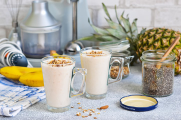 Smoothies with yoghurt, pineapple and banana for breakfast. A natural diet drink. Detox menu.