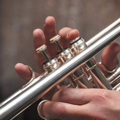 Obraz premium Hand of the Trumpeter on the buttons of trumpet