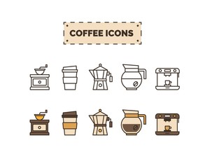 Coffee cup icon set. Vector set of line and colorful flat coffee stuff - French press, takeaway cup, machine