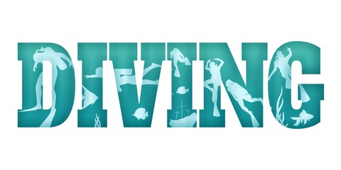 Diving word with silhouettes of diver. The concept of sport diving.