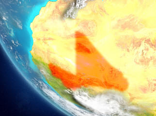 Satellite view of Mali in red