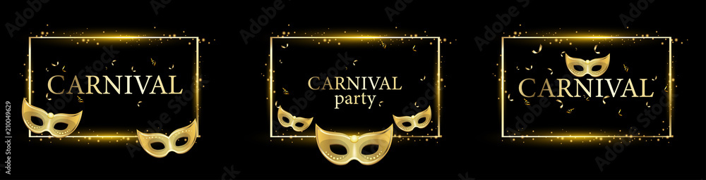 Wall mural black carnival party backgrounds with gold masks.