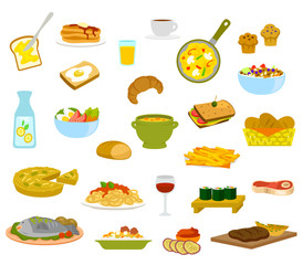 A collection of menu items for breakfast, lunch and dinner