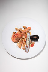 Seafood salad with stuffed mussel and prawns