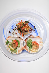 Oysters on a white and blue decorated plate, tasty and healthy