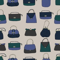 Vintage bags, clutches and purses seamless pattern. Hand drawn vector illustration. Elegant and trendy