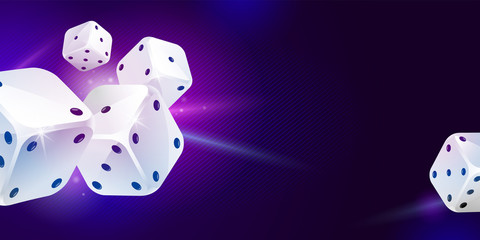 Five white game dices on dark blue background. Poker gambling