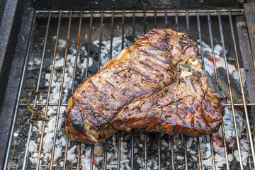 Whole T-Bone steak cooking on grill