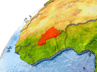Map of Burkina Faso in red on globe