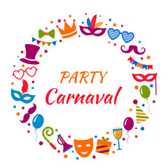 Celebration festive background with carnival icons and elements of the Venetian or Brazilian carnival. Colorful banner. flat vector illustration isolated on white background