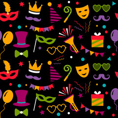 Seamless pattern with carnival or festival icons. Carnival, photographic paper and birthday party. Flat vector illustration isolated on black background