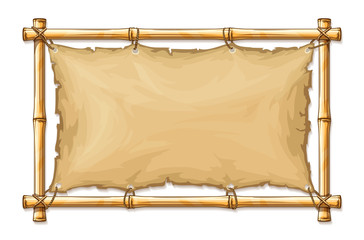 Bamboo frame with old torn textile cloth banner, tight ropes.