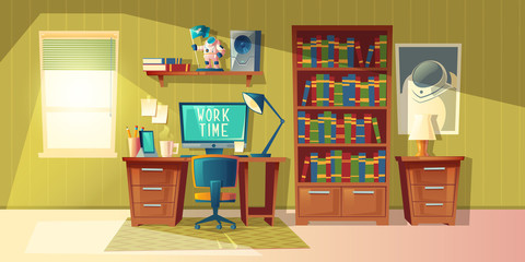 Vector cartoon illustration of empty home office with bookcase, modern interior with furniture. Computer, lamp on table. Work time concept, cozy room for freelance job or education