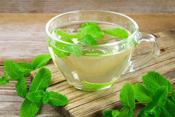 Fresh organic mint tea in glass on wooden table.