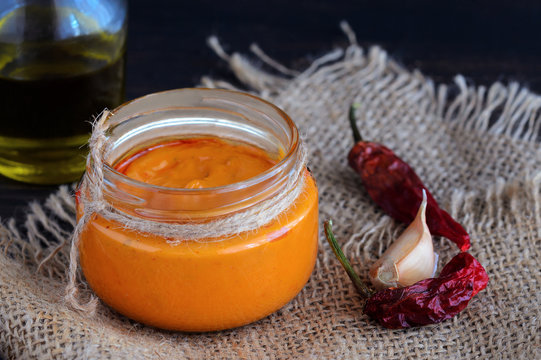 Typical Canary Islands sauce, mojo picon, made of small red peppers from La Palma and garlic, is usually eaten with meat.