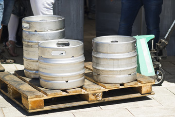 beer metallic kegs in city street for delivery
