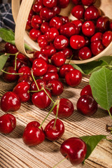 Sweet cherries in a wooden basket.