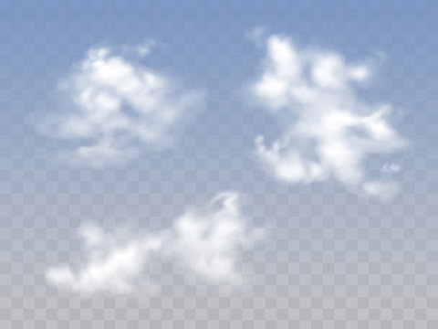 Translucent blue cloudy sky with realistic fluffy clouds isolated on transparent background for weather. design elements. vector illustration