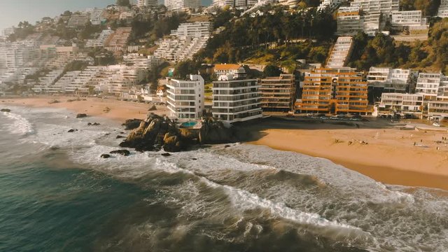 Beautiful aerial view of Vi&ntilde;a del Mar, Chile where it can be seen the ocean, the beach, modern buildings and all the coastal line