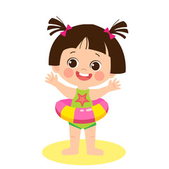 Happy Holidays. Isolated Happy Summer Girl Vector Flat Style. Cartoon Illustration Of Cute Child On The Beach. Little Girl With Inflatable Circle. Happy Childhood Memories.