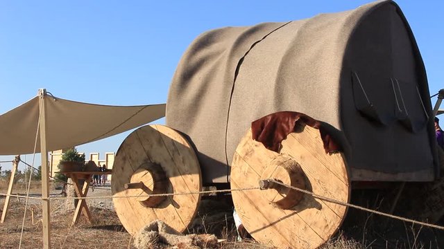 Old Vintage Nomad Bullock Cart with the Wooden Wheels at Histoical Festival
