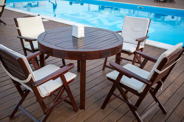 Interior of Elite comfortable beach resort with palm trees and pools. restaurant beach club highest level at resort for holiday in beach season.
