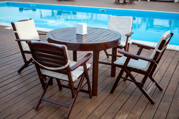 Interior of Elite comfortable beach resort with palm trees and pools. restaurant beach club highest level at resort for holiday in beach season.