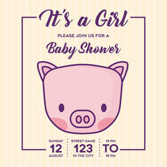Its a girl Baby shower invitation with cute pig icon over yellow background, colorful design. vector illustration