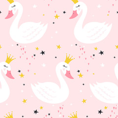 Seamless pattern with cute princess swan on pink background. Vector illustration