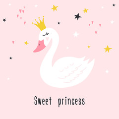 Cute princess swan on pink background with text Sweet princess. Hand drawn vector illustration