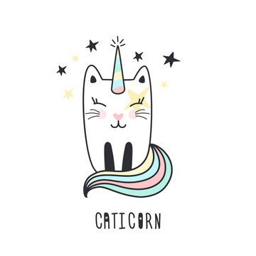 Cute cat unicorn hand drawn. Vector illustration