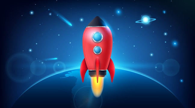 Vector illustration of realistic 3D rocket space ship launch isolated on transparent background. Space exploration. Art design startup creative idea. Abstract concept graphic element
