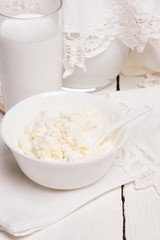 Dairy products on a white table