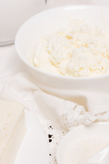 Dairy products on a white table